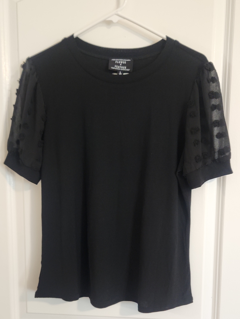 Black Sheer Puff-Sleeve Women's Flower & Feather Top